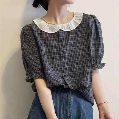 韩版纯棉格子宽松显瘦短袖衬衫女