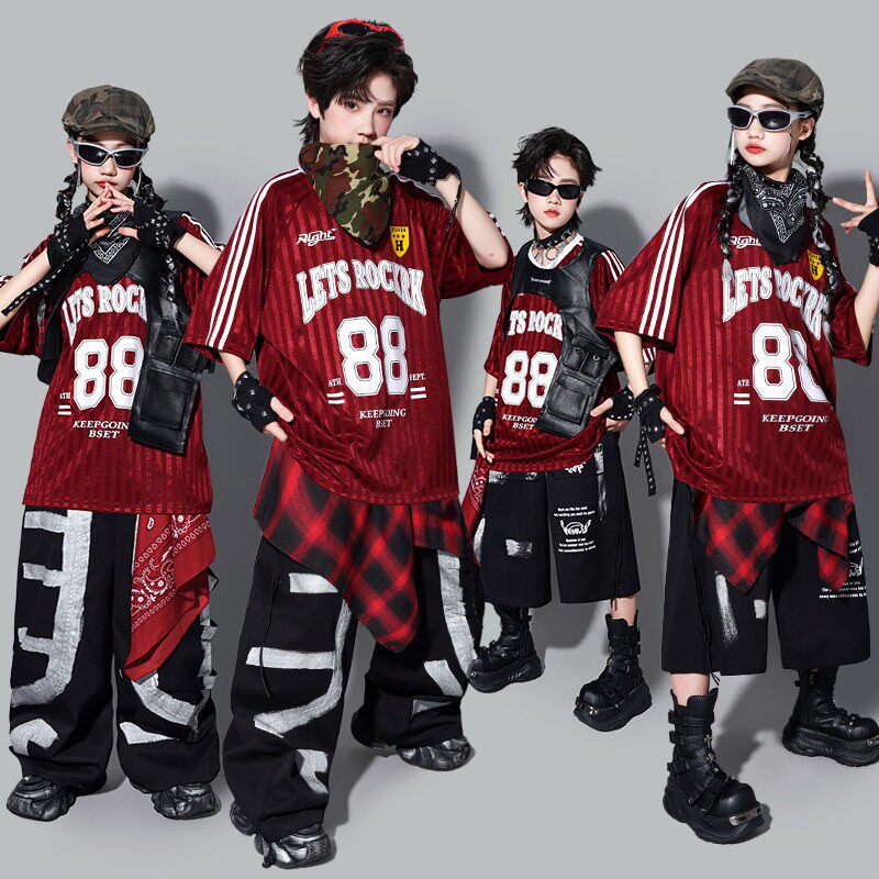 儿童红色街舞演出服男童嘻哈套装少儿hiphop架子鼓潮男孩马甲服装