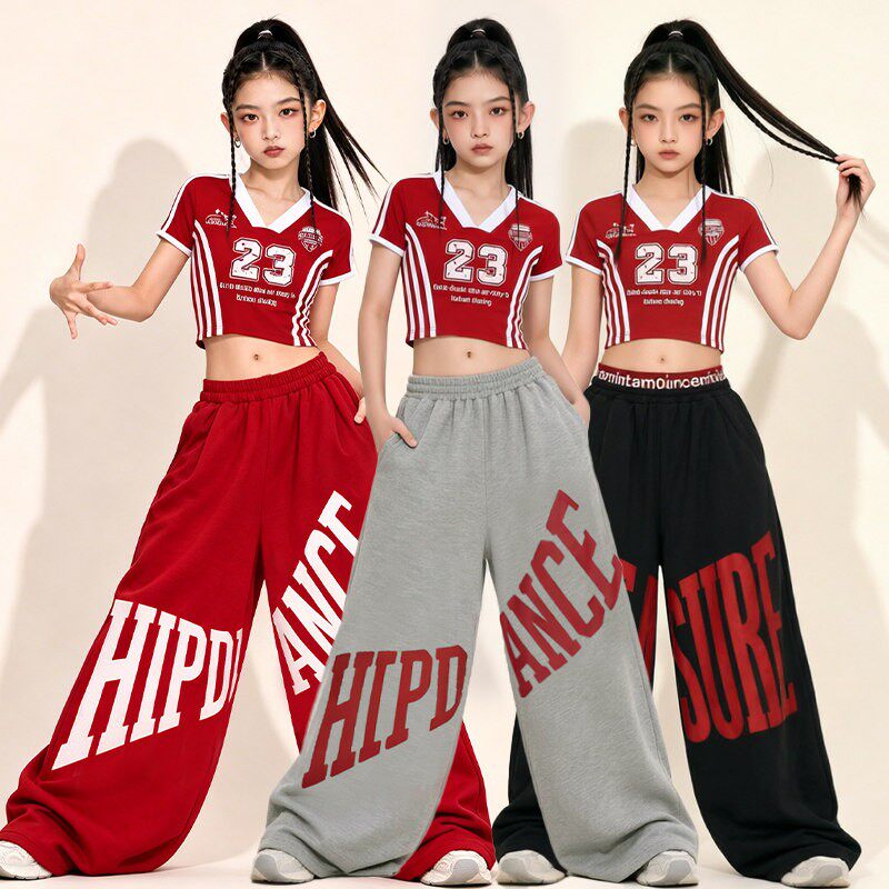女童jazz红色爵士舞服装儿童街舞演出服少儿运动卫裤女孩上衣套装