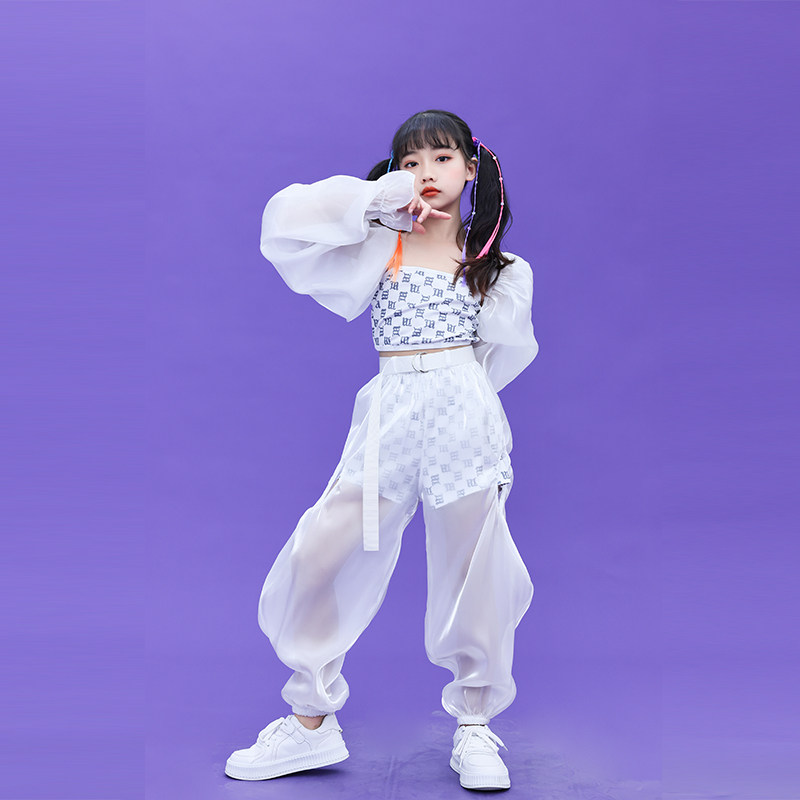 女童街舞服装潮流嘻哈爵士舞演出服模特舞台走秀潮服女孩露脐纱裙_虎窝淘