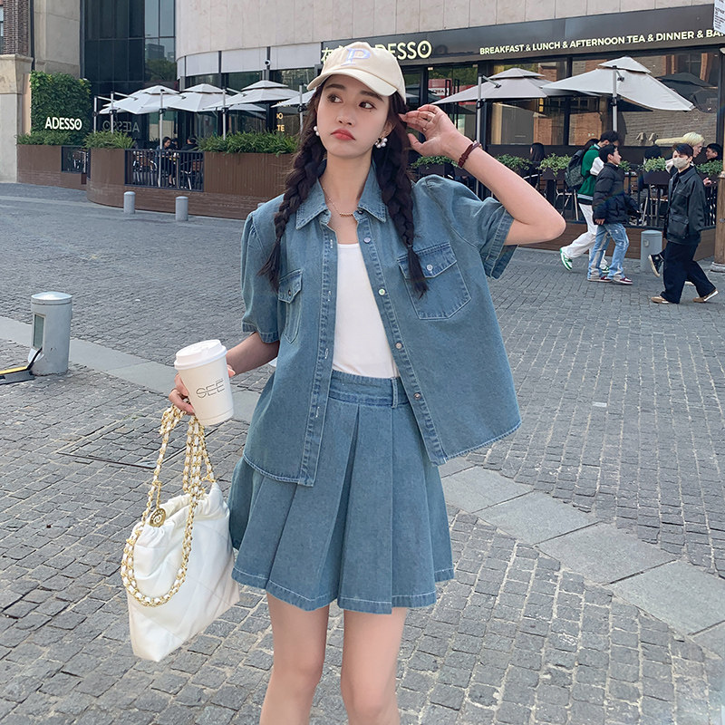 衬衫百褶裙两件套韩系穿搭纯色牛仔小个子套装女 B190-P125-K198图片