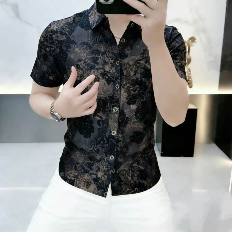 欧货夏季新款男士金丝绒雕花定位烫金衬衫时尚翻领修身弹力短袖男
