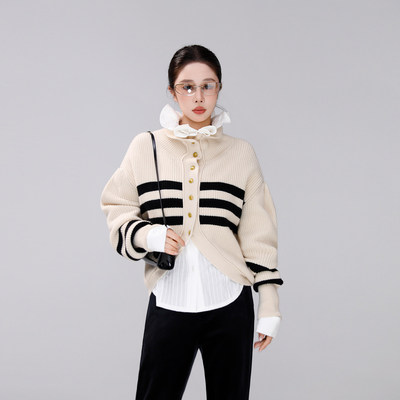 定制女装 绵羊毛桑蚕丝复古条纹高领开衫女针织衫气质1088