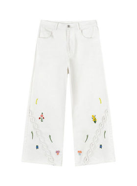 定制女装 白色刺绣牛仔裤棉汉麻混纺阔腿花卉镂空田园风0542