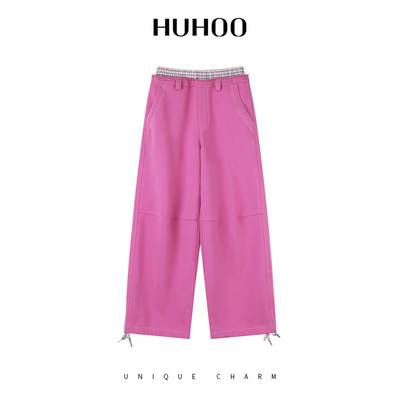 定制女装 绵羊毛棉混纺阔腿裤格纹拼接抽工装绳腰休闲裤0951