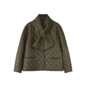 定制女装 PU复古几何风军绿色皮衣女菱格纹围巾领宽松外套1044