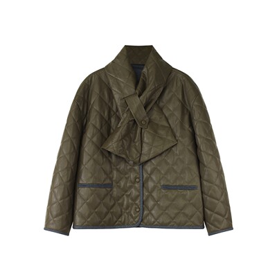 定制女装 PU复古几何风军绿色皮衣女菱格纹围巾领宽松外套1044