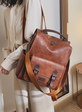 廿下学院风复古双肩包女多用斜挎百搭旅行背包pu皮大学生书包