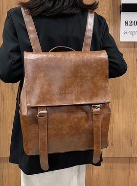 廿下复古双肩包女欧美简约pu皮大容量学院风英伦风双肩背包书包