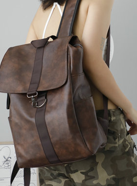 廿下复古双肩包学院风百搭背包女学生书包PU皮大容量电脑旅行包