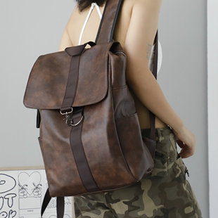 廿下复古双肩包学院风百搭背包女学生书包PU皮大容量电脑旅行包