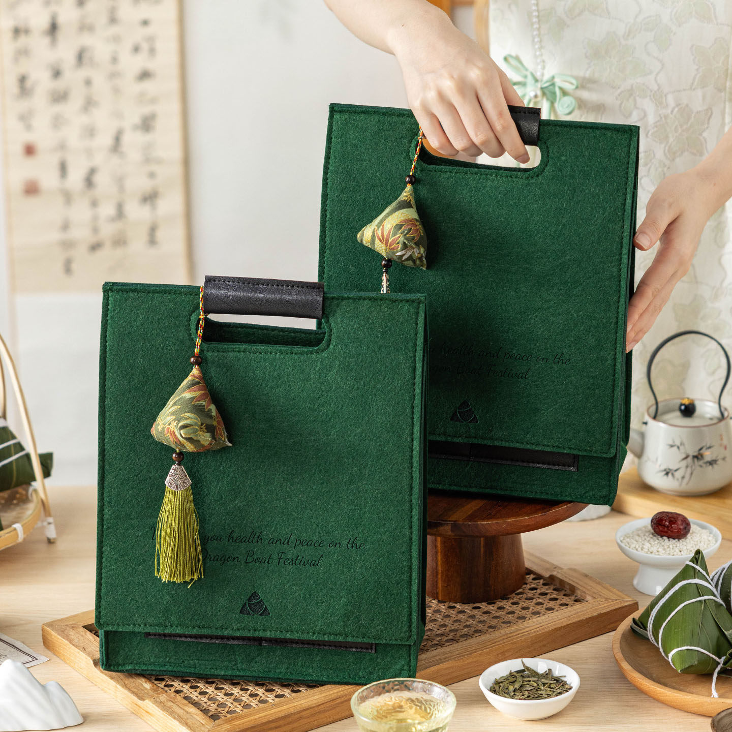 2026新款端午节粽子手提袋礼品盒空毛毡咸鸭蛋香囊包装盒子高工端
