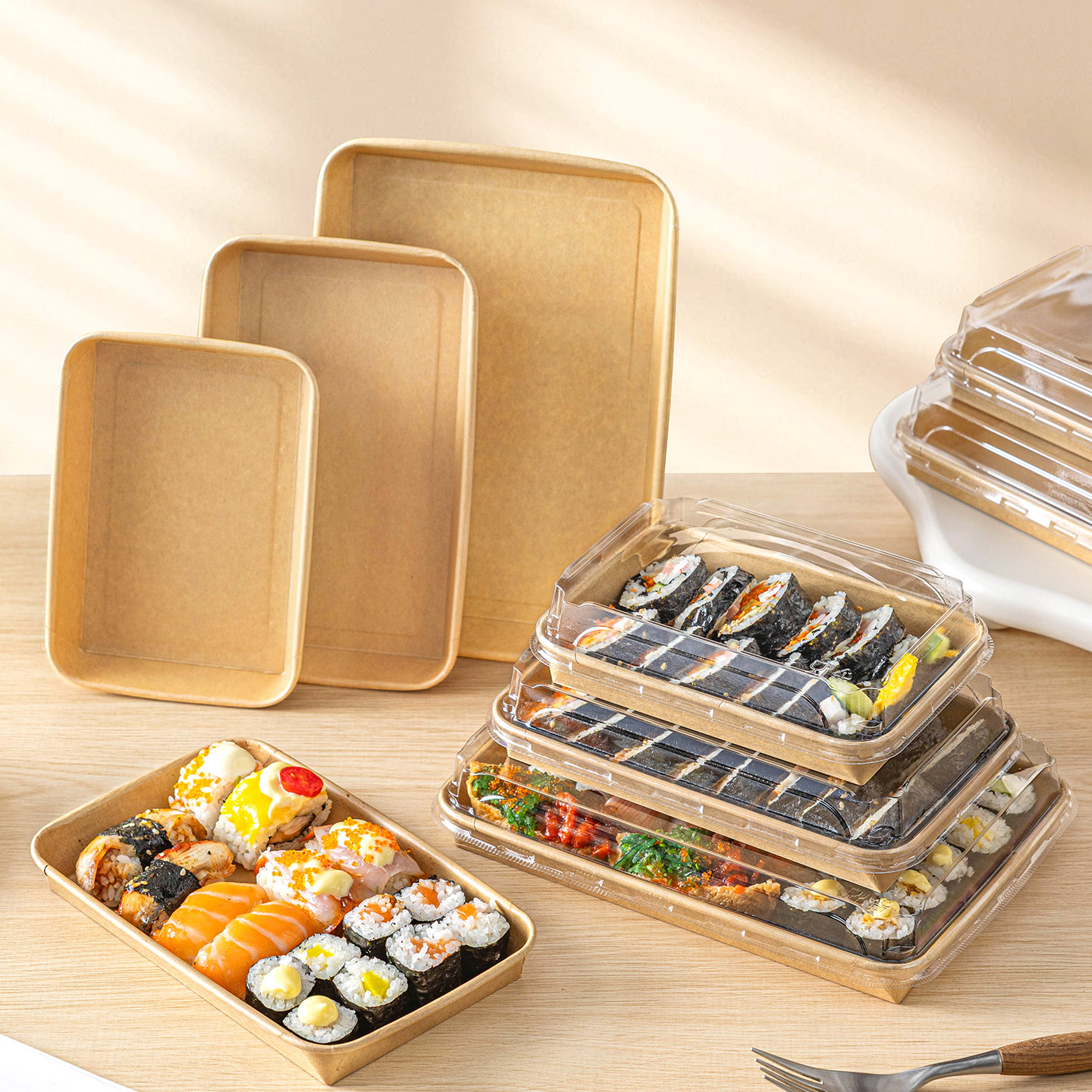 寿司打包盒一次性餐盒野食品级家用牛皮纸可微波炉加热外卖火鸡面