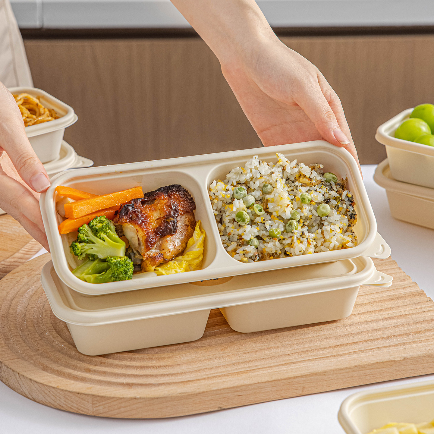 一次性餐盒饭盒打包碗分装双格轻水果玉米淀粉食品级可微波炉加热