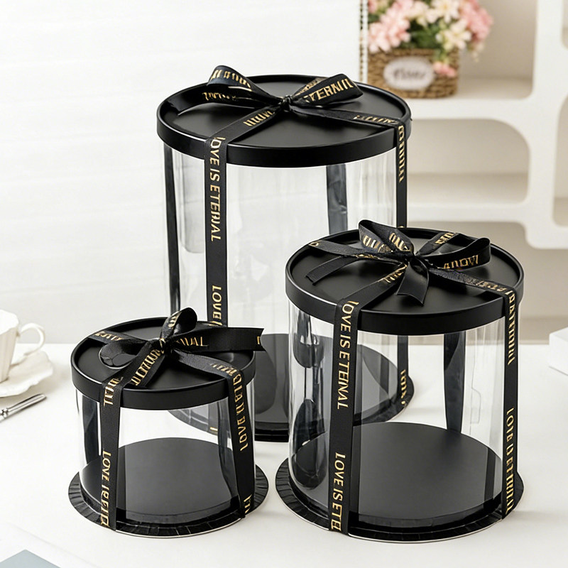 黑色圆形蛋糕盒包装空盒子6寸4六四八8透明生日巴斯克加高寿司底