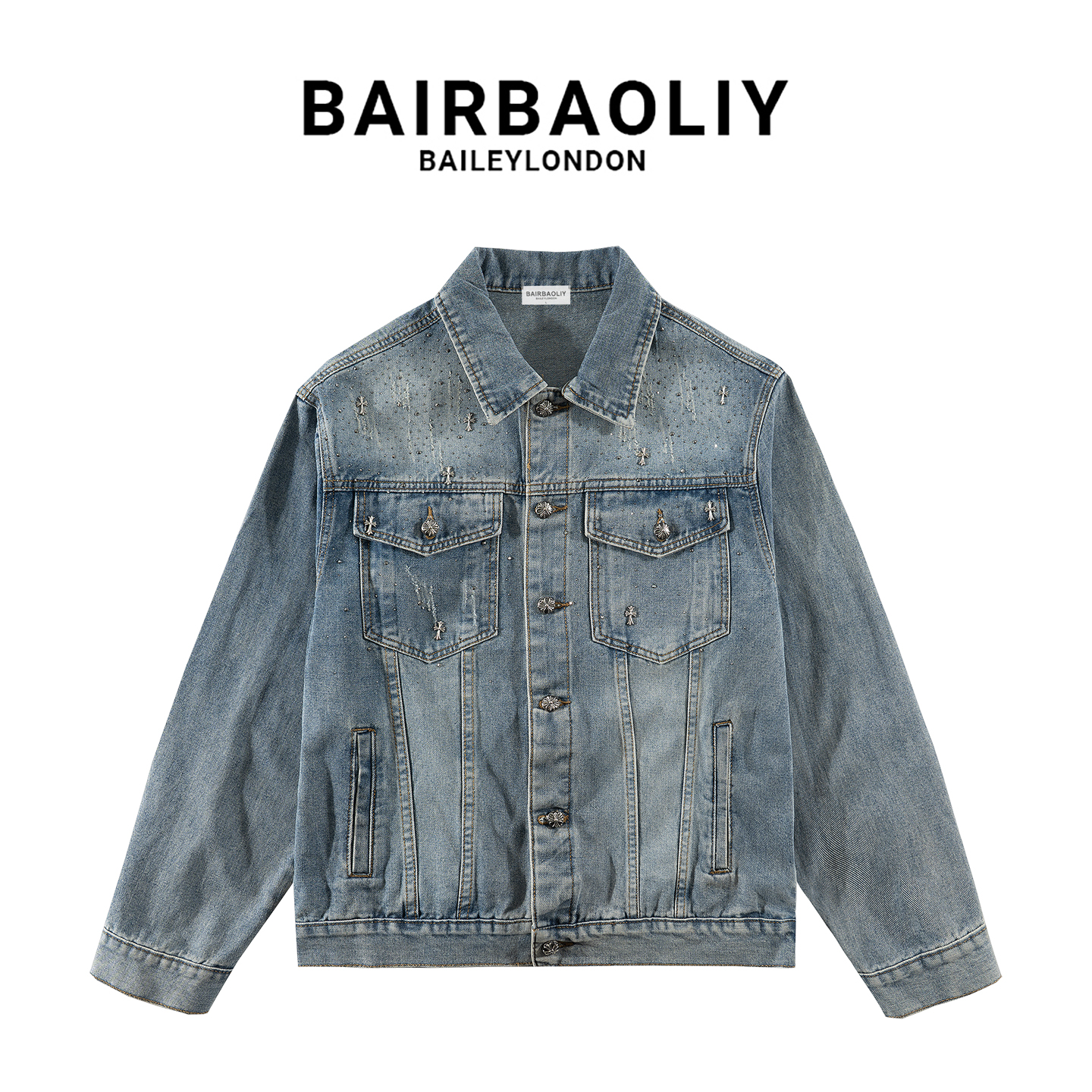 BAIRBAOLIY星空满天星氛围感轻奢高级感闪钻十字牛仔夹克男外套潮