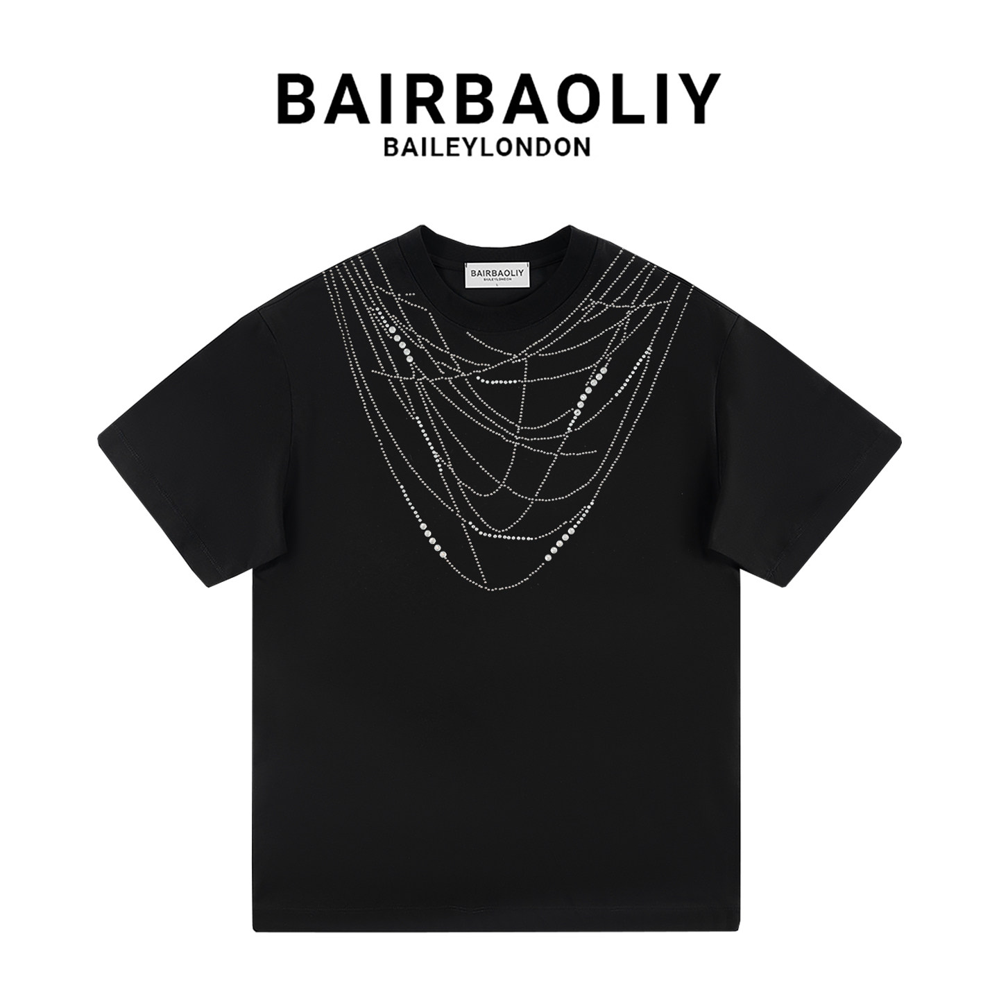 BAIRBAOLIY短袖男女圆领烫钻仿真项链设计感潮流轻奢时尚休闲T恤
