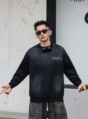 2025新款美式潮牌卫衣男春秋季圆领长袖修身上衣休闲黑色外套男装