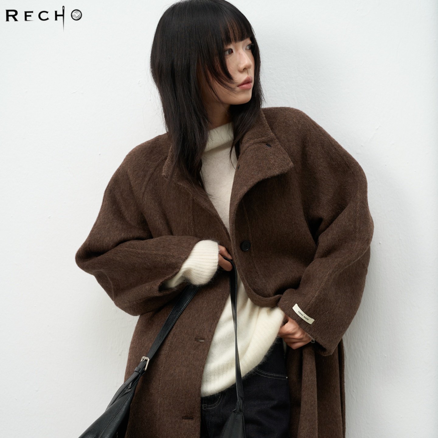 RECHO 弧形袖型设计 立领廓形长款双面呢大衣