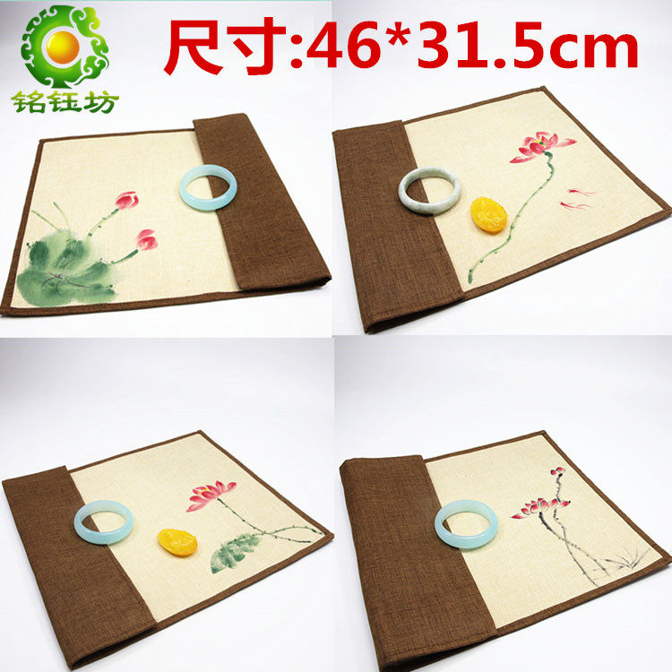 手绘珠宝首饰柜台展示布亚麻茶艺垫布翡翠玉器文玩彩绘莲花看货布