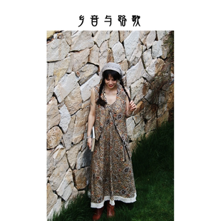 乡音与路歌 100%亚麻名族风复古印花马甲文艺森系吊带连衣裙