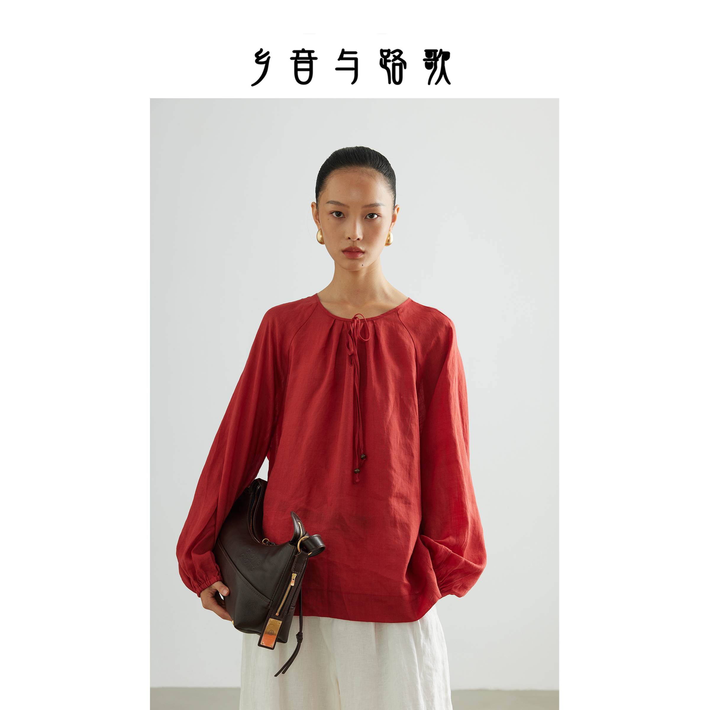 乡音与路歌 法式慵懒不对称飘带衬衫女红色荷叶边设计感小众上衣