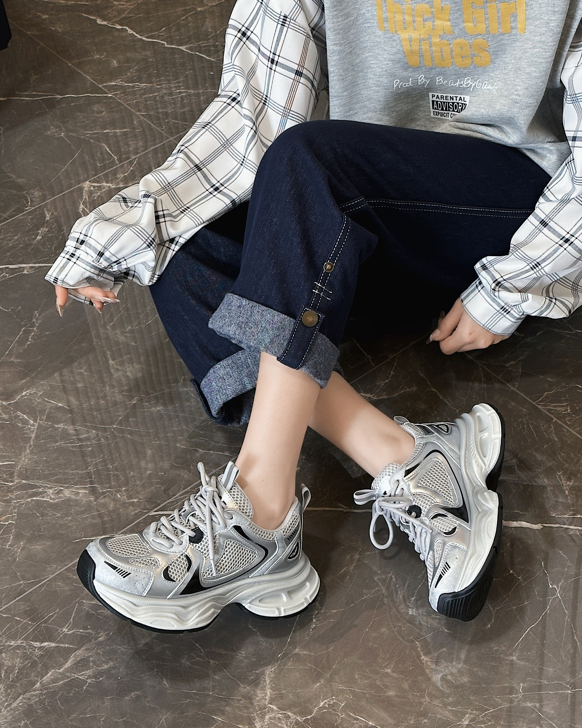 实体！美次优2025春季新款韩版真皮百搭增高显脚小休闲鞋老爹鞋女