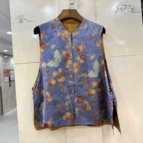 Q6249 珍珠盘扣立领蝴蝶提花休闲国风两面穿桑蚕丝香云纱马甲外套