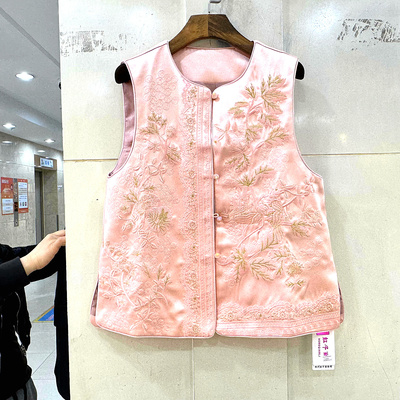 虹千丽2059 珍珠单排扣圆领重工刺绣花缎面国风马甲外套欧货春装