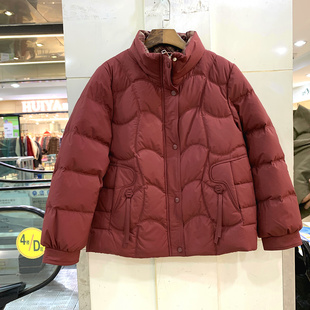 蓝泰80 时尚拼格子立领水波纹纽扣口袋加厚短装鹅绒羽绒服外套冬