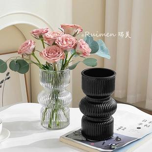 ins風(fēng)中古小眾黑色玻璃花瓶水培植物鮮花客廳餐桌裝 飾插花瓶擺件