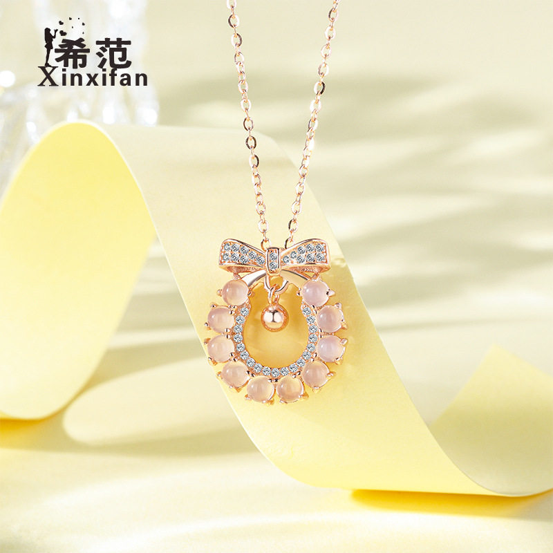 s925纯银夏日花环项链女精致小众设计感轻奢气质蝴蝶结圆环锁骨链