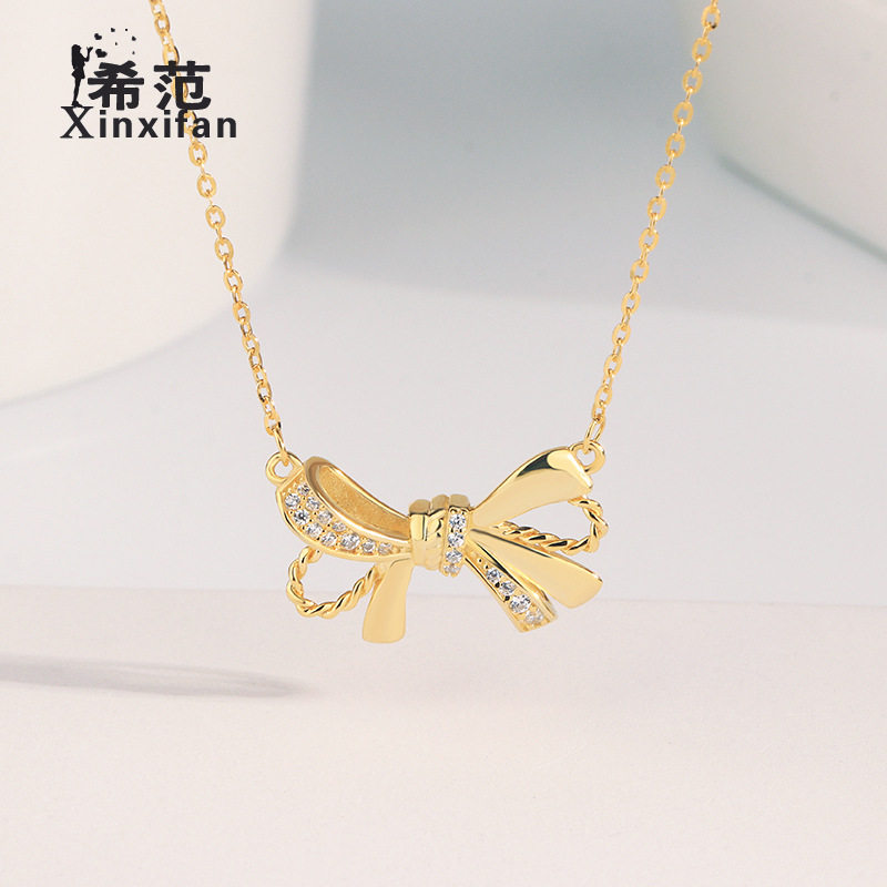 S925纯银同心结项链锁骨链蝴蝶结吊坠镶钻女时尚简约精致少女项饰