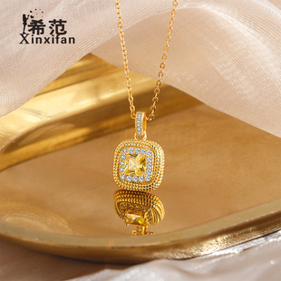 s925纯银方糖项链黄金黄水晶方钻吊坠锁骨链小众高级感网红小红书