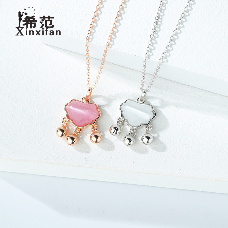 s925纯银长命锁项链猫眼石流苏铃铛吊坠锁骨链韩版网红精致银配饰