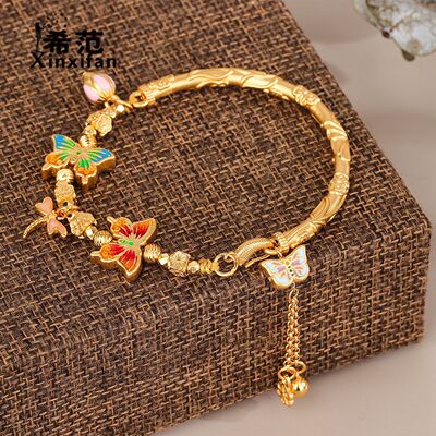 s925纯银珐琅彩蝴蝶半边圆手镯女