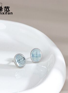 S925纯银海蓝宝椭圆耳钉女日韩少女简约小众ins风达人小清新百搭