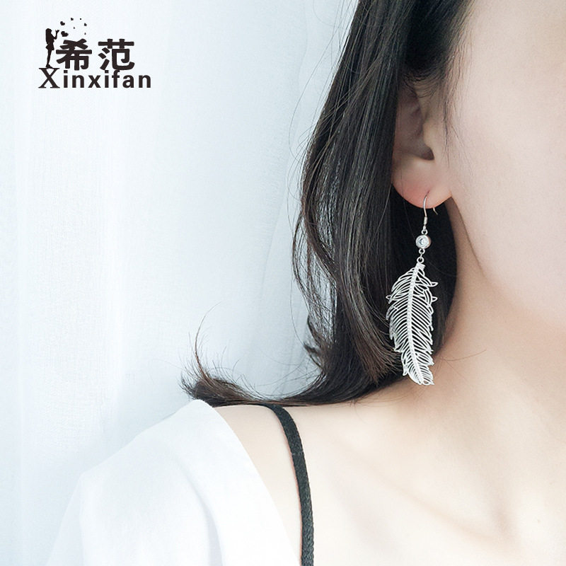 s925纯银羽毛耳钉女复古个性韩版气质女神范耳坠长款异国风情外贸