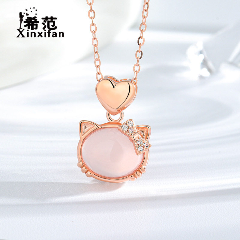 s925纯银天然粉晶可爱卡通猫咪项链女玉髓吊坠锁骨链节日送礼物
