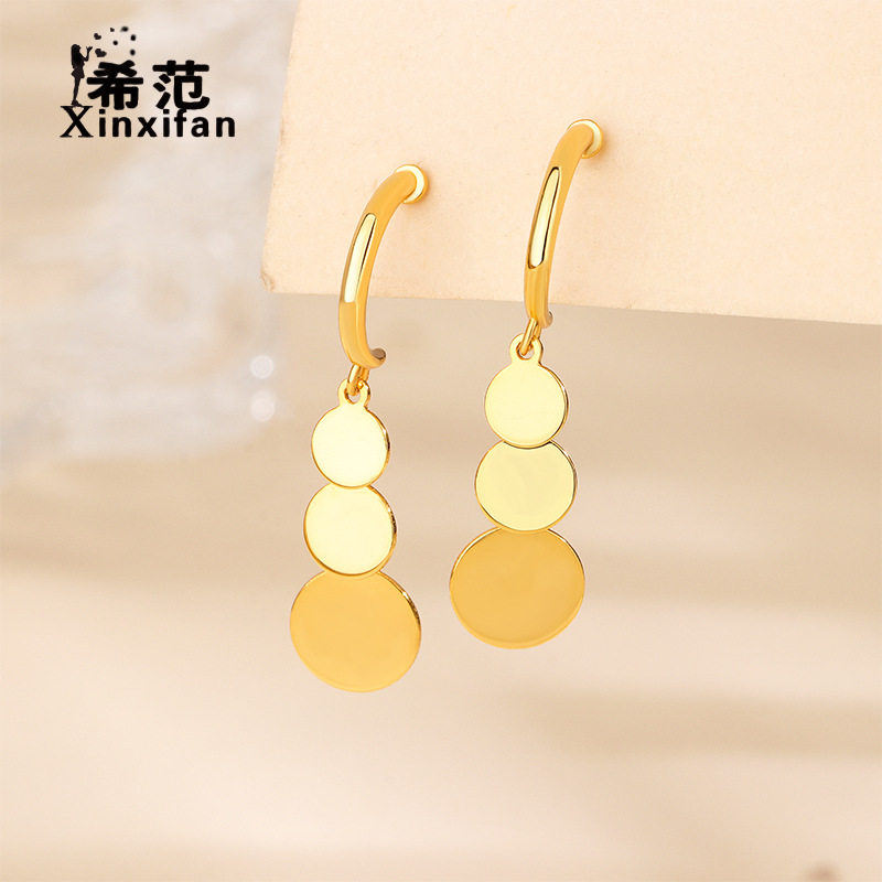 s925纯银韩国冷淡INS风光面圆片耳坠耳钉女长款流苏闪闪网红气质