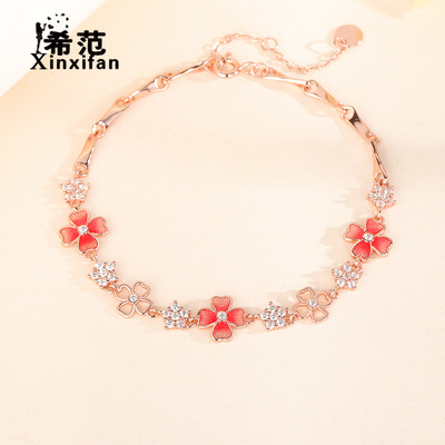 s925纯银四叶草手链女轻奢粉珐琅