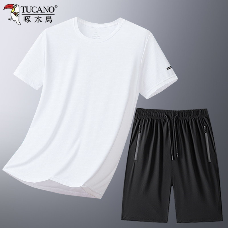 啄木鸟爸爸休闲运动套装男士夏季时尚冰丝短袖t恤中老年速干衣服