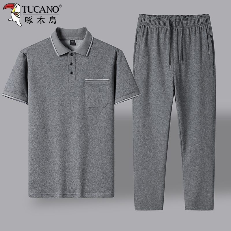 啄木鸟爸爸夏装短袖t恤男士夏季休闲运动套装中老年人纯棉两件套