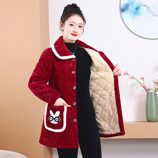 冬季女上衣棉服中老年长中棉衣家居服加绒加厚灯芯绒单件妈妈睡衣