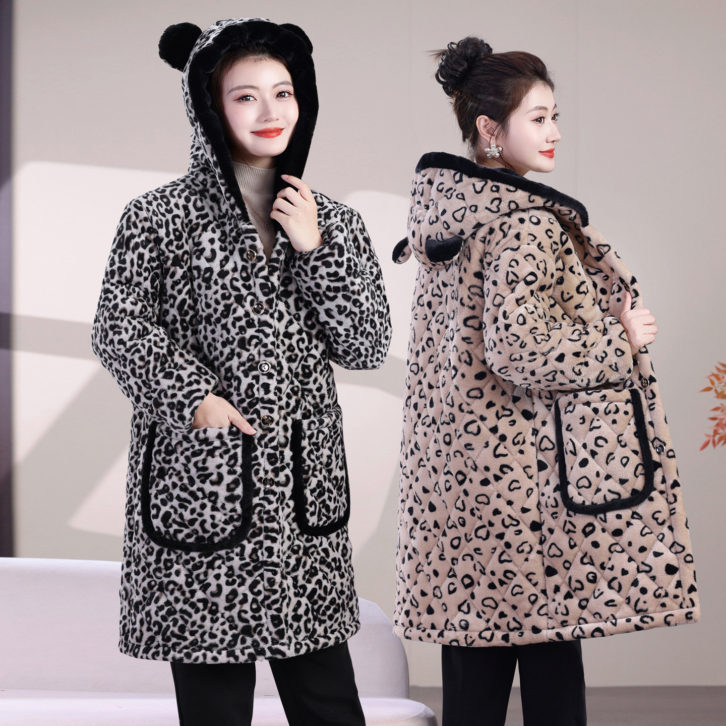 特厚加绒中长款豹纹棉袄外套女连帽加厚妈妈装冬季洋气睡衣家居服,女装/女士精品,棉衣/棉服,淘宝优惠券,粉丝福利购,淘宝优惠卷