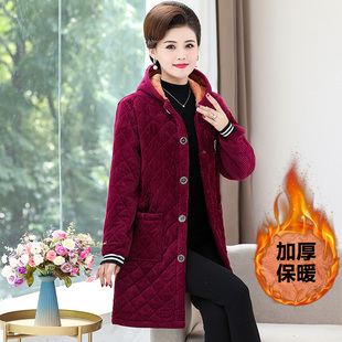 冬季新款中长款棉衣灯芯绒加绒外套女装上衣洋气棉服中老年妈妈装