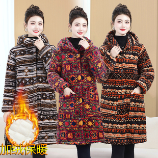 加厚保暖加绒民族风冬天防风连帽中长款棉衣女棉袄时尚外套大衣