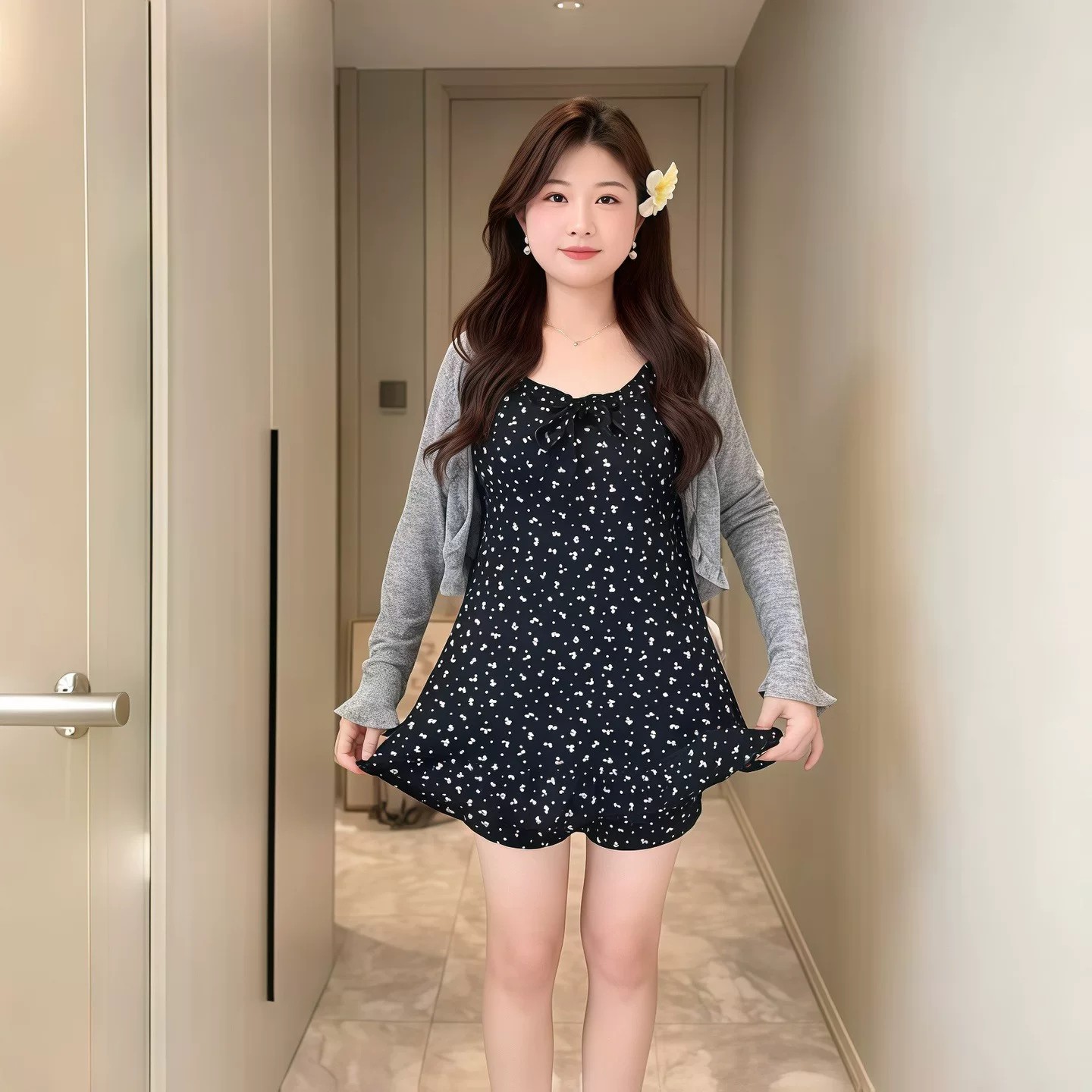 大码胖mm女装夏季小清新碎花度假风连衣裙木耳边防晒开衫套装辣妹