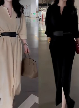 2025新款入秋时尚减龄穿搭连衣裙女绝美洋气显瘦独特掐腰开叉长裙