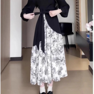 绑带收腰高级感气质长裙 复古碎花拼接连衣裙女秋新款 大码 胖MM法式